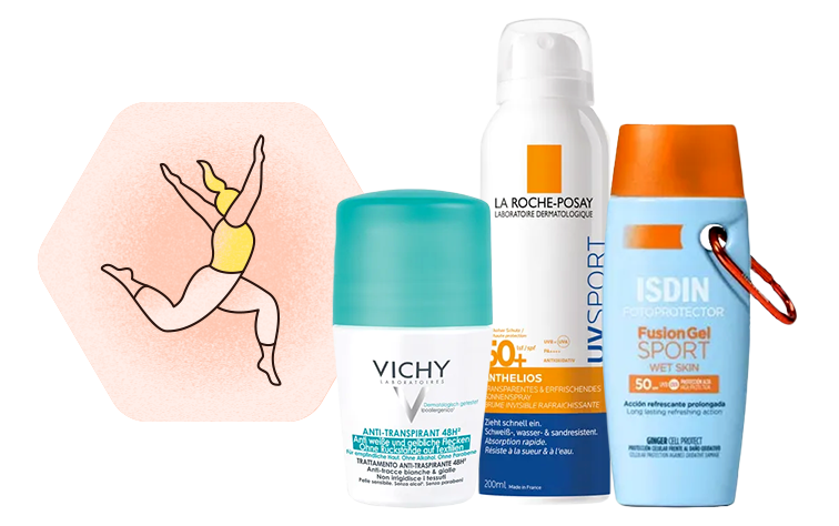 Illustration einer springenden Person mit Deodorant und Sonnenschutz-Produkten für einen aktiven Tag.
