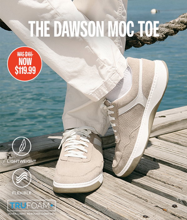 Close-up of the Dawson Moc Toe sneaker featuring lightweight construction, flexibility, and TRUFOAM+® Ultra-Light Rebound Comfort. Text reads: 