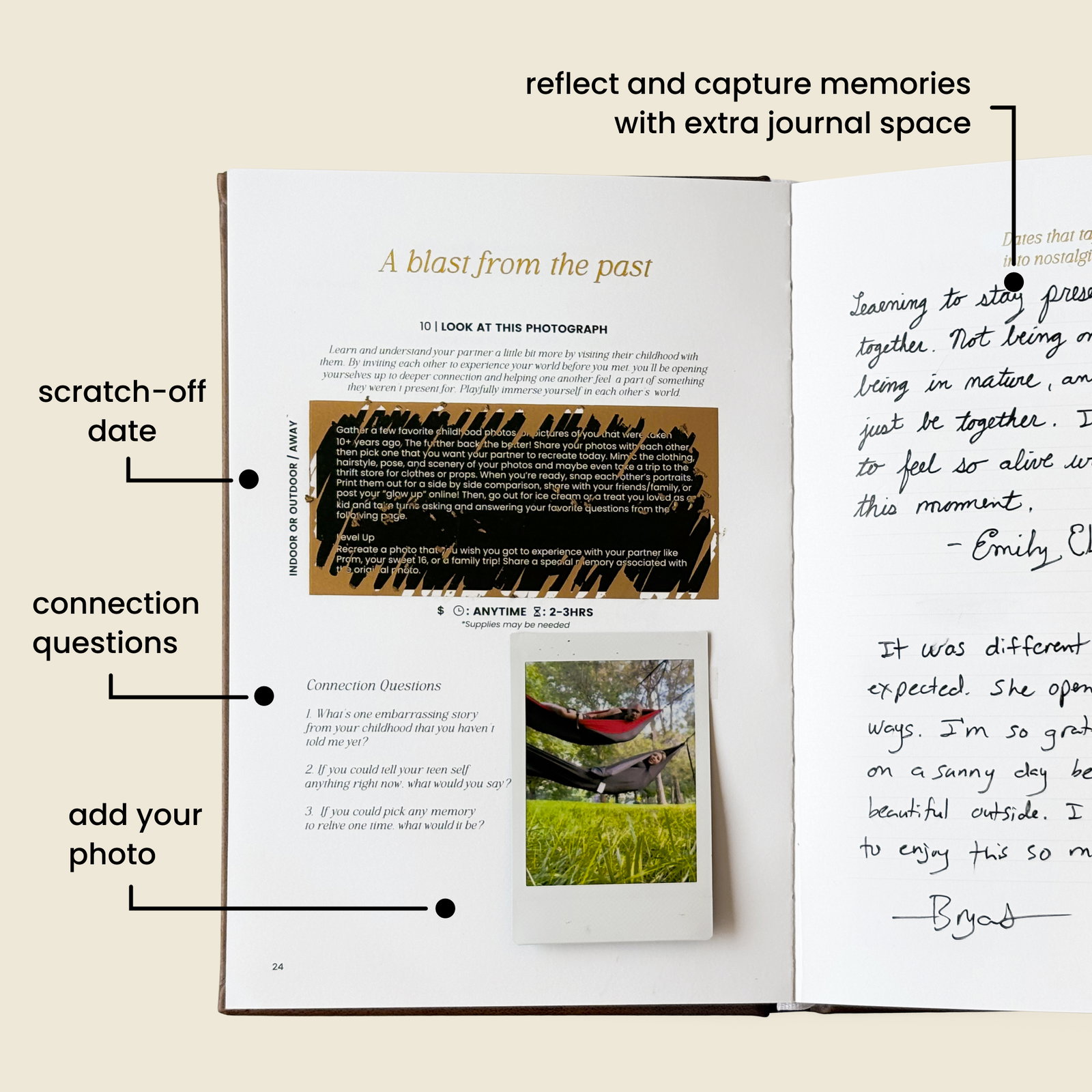 Annotated spread from Couples Luxe pointing out features like scratch-off adventures, guided connection questions, photo space, and journal pages designed to help couples capture and remember each date.