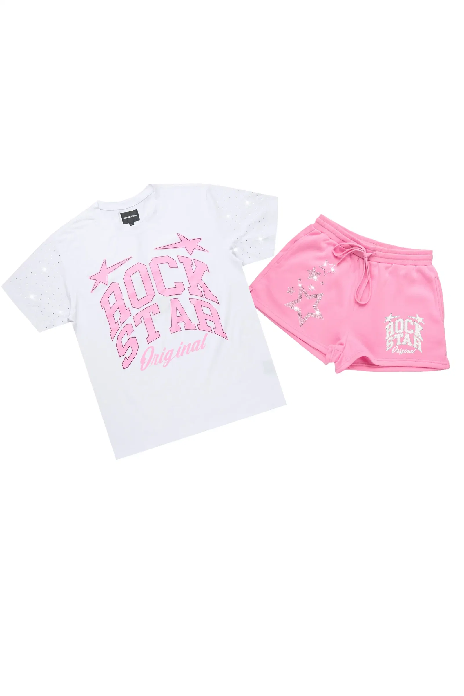 Image of Flaveya White/Pink Rhinestone T-Shirt Short Set