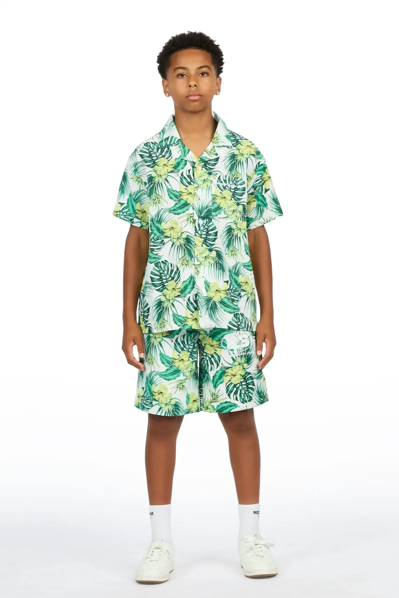 Image of Boys Puka Cream/Green Button Down Shirt/Short Set
