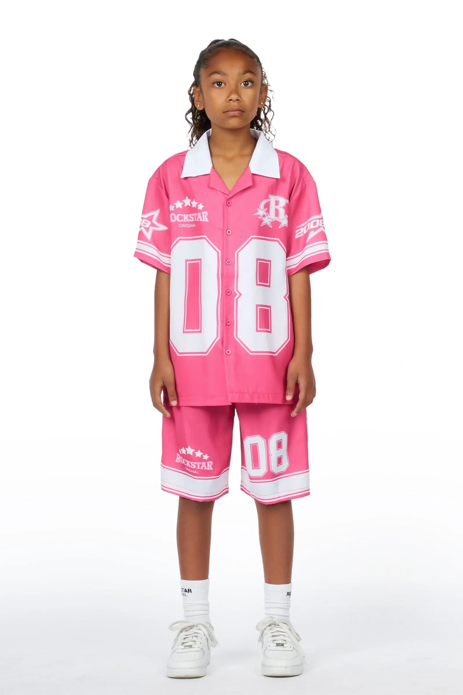 Image of Girls Tinna Pink Button Down T-Shirt Short Set