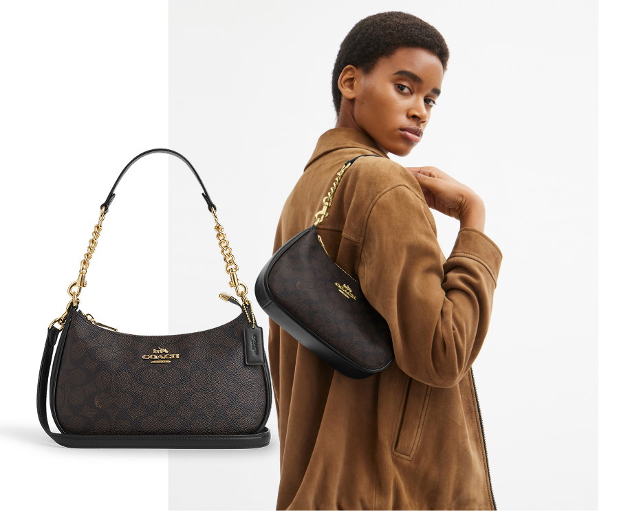 Teri Shoulder Bag In Signature Canvas Gold/Walnut/Black
