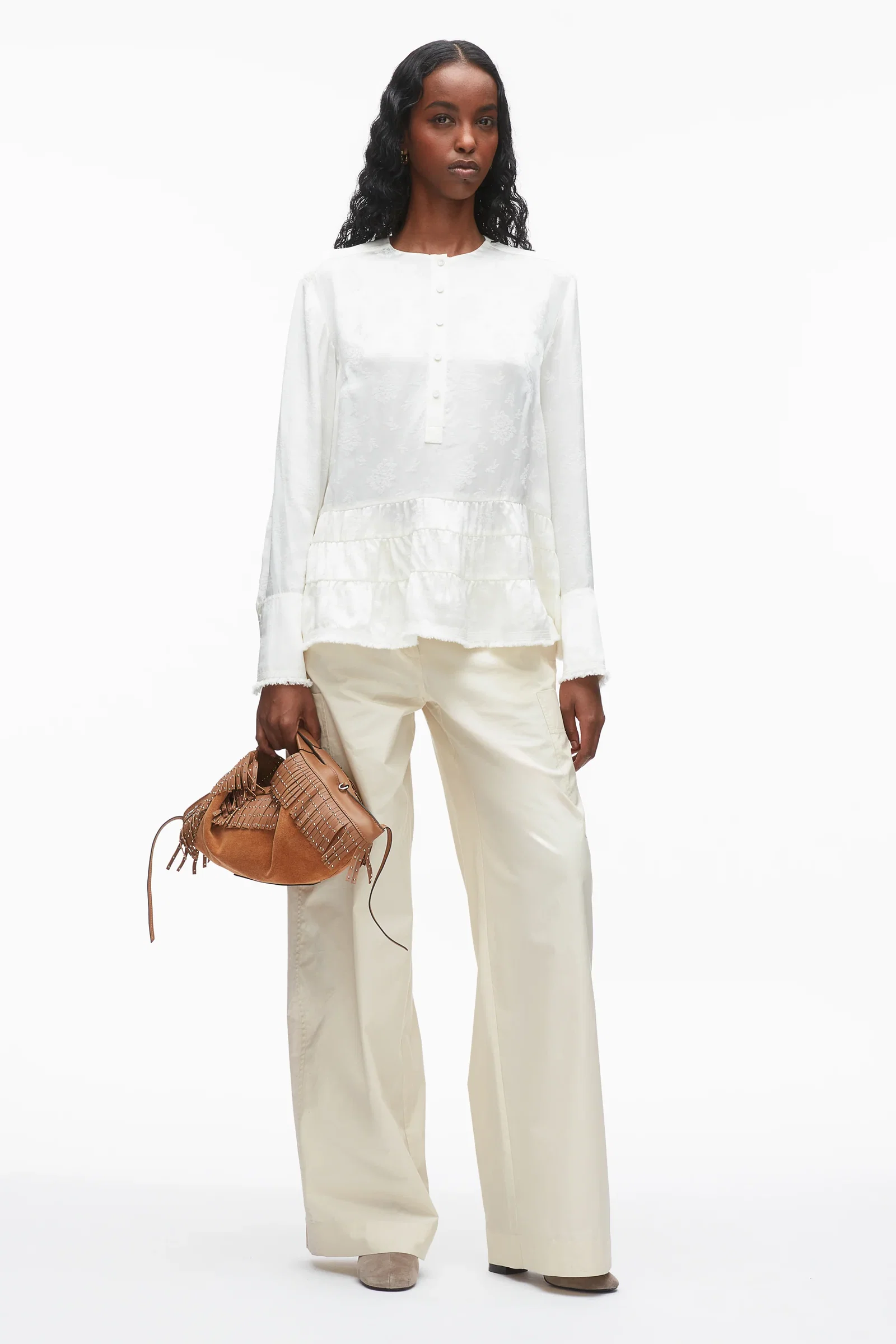 Image of Floral Jacquard Fray Hem Blouse