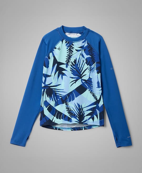 A kids' blue long sleeve tee with a fun palm tree graphic