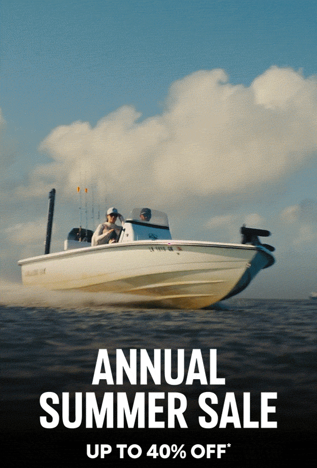 Gif of anglers on a boat, riding through the water with text: ANNUAL SUMMER SALE UP TO 40% OFF*