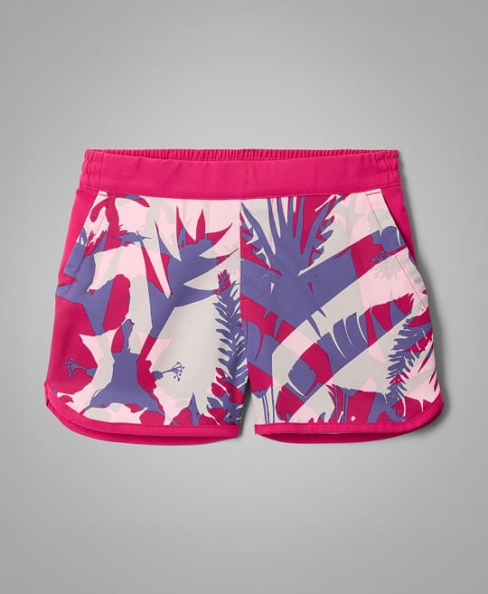 Kids' coral shorts with a palm tree graphic.