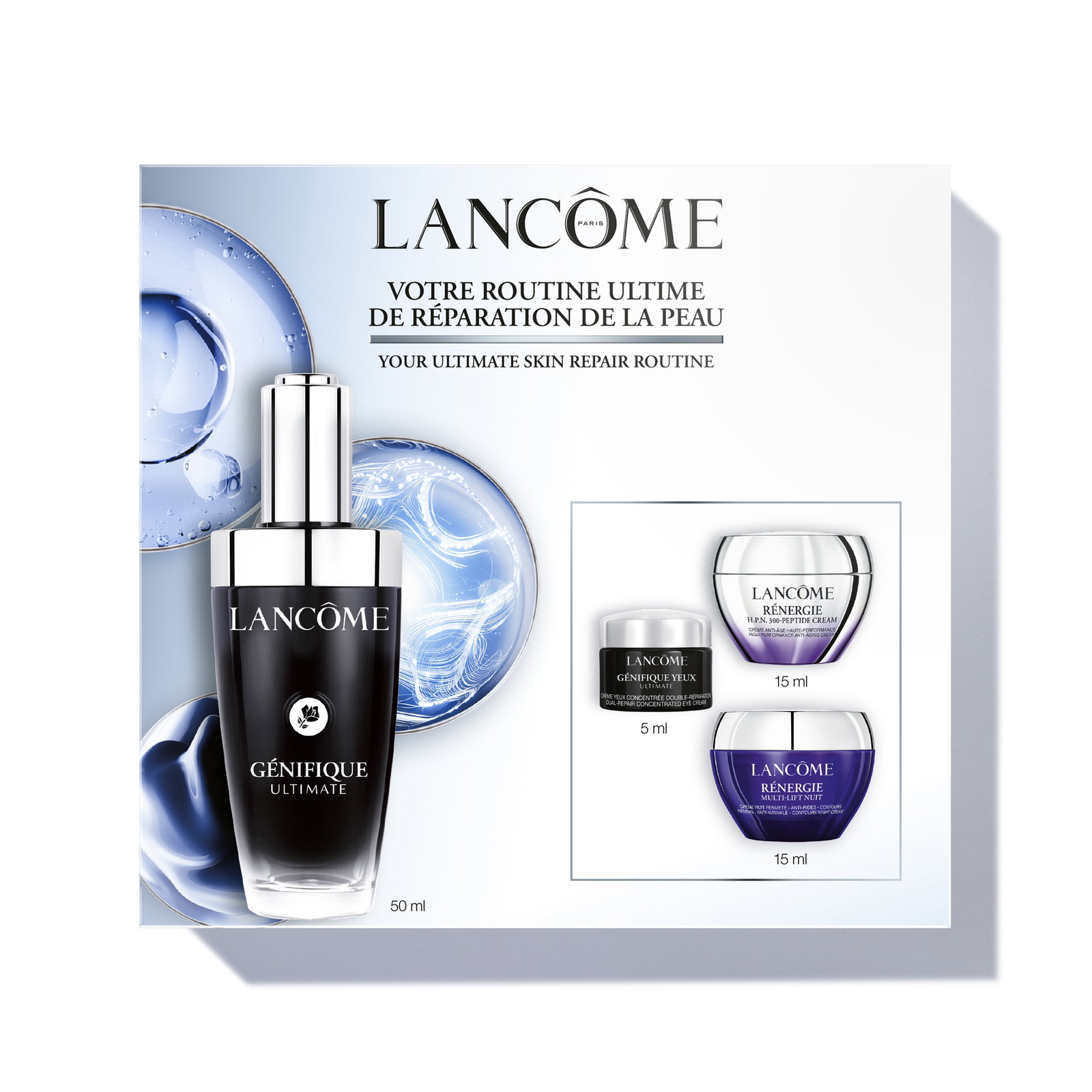 Cofanetto Lancôme Absolue con quattro trattamenti skincare dorati disposti in una confezione bianca