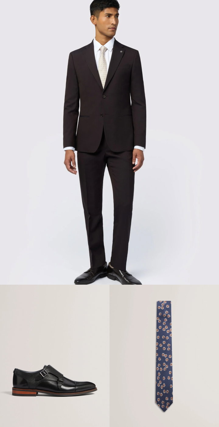 Dark burgundy suit with black leather shoes and navy floral tie