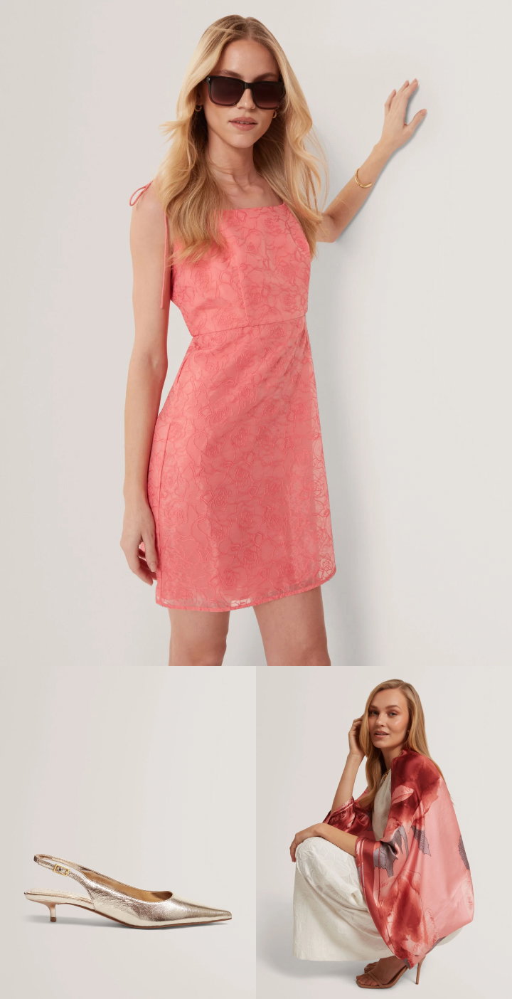 Coral textured mini dress with silver slingback heels and printed scarf