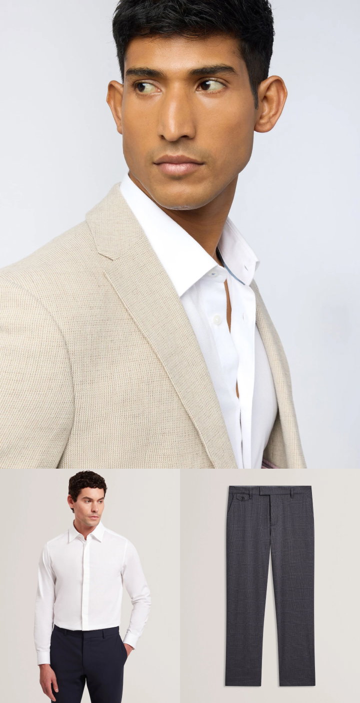Beige textured blazer with white shirt and grey trousers