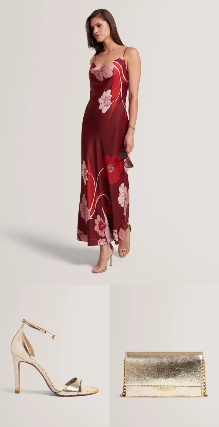 Burgundy floral slip dress with gold heeled sandals and gold clutch