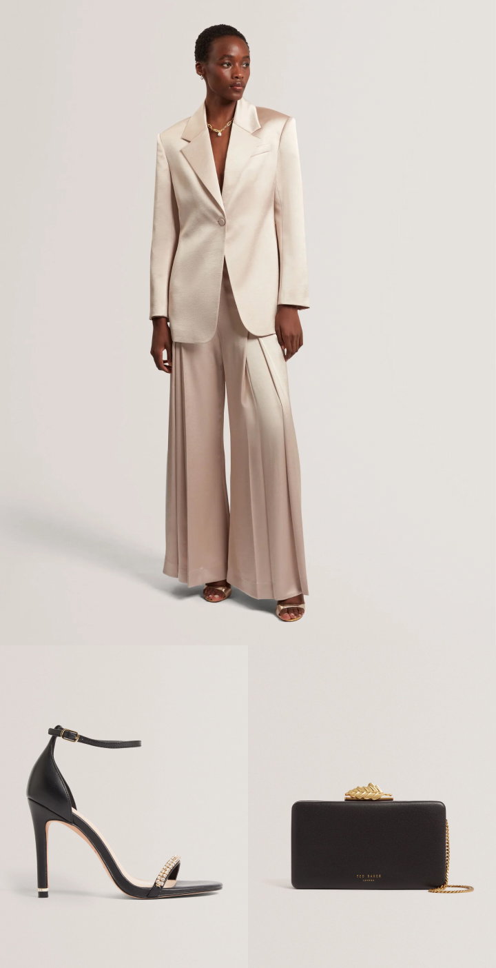 Cream blazer and wide-leg trousers with black heeled sandals and black clutch