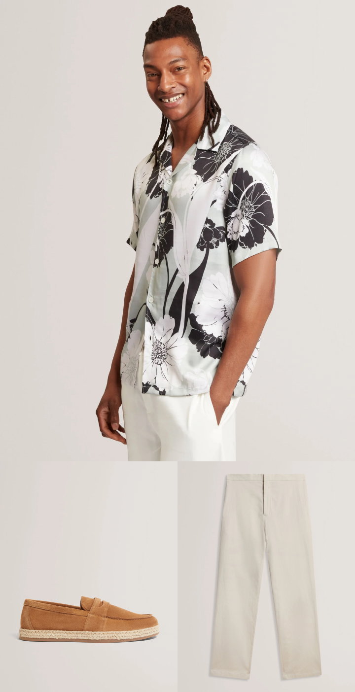 Black and white floral print shirt with cream trousers and tan suede loafers