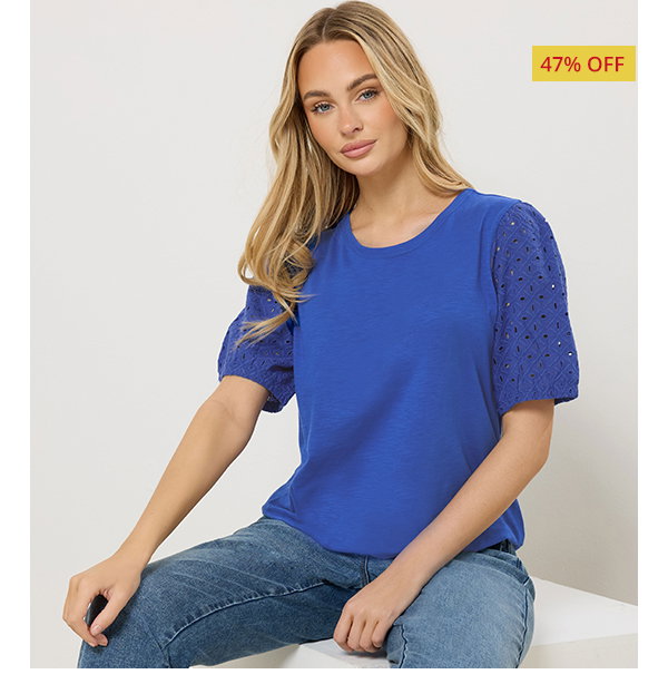 M&Co Blue Broderie Cotton Puff Sleeve Top