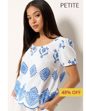 M&Co Petite White & Blue Broderie Cotton Top