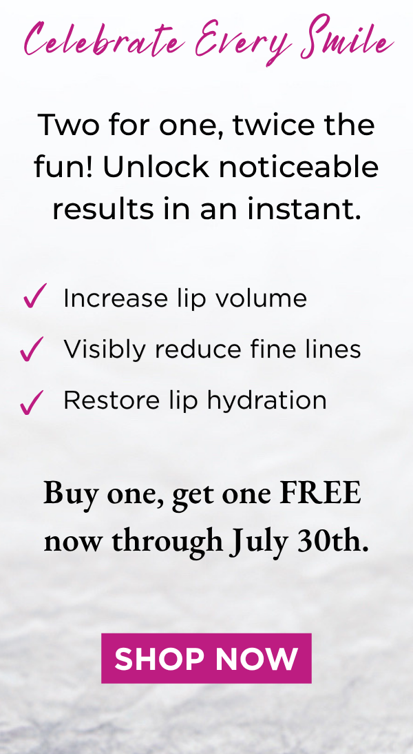 A graphic image explaining the benefits of Peptide Lip Booster. Click to buy one tube, get one FREE.