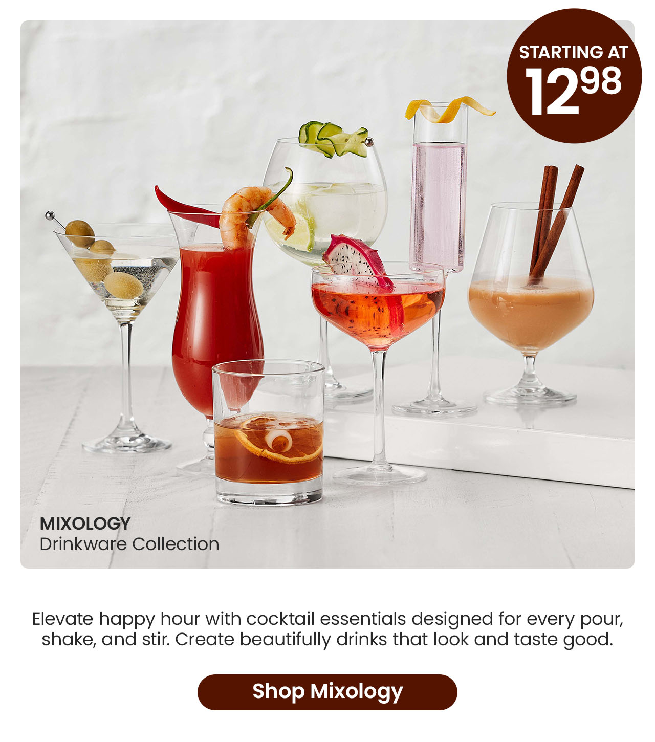 Assorted cocktail glasses filled with colorful drinks