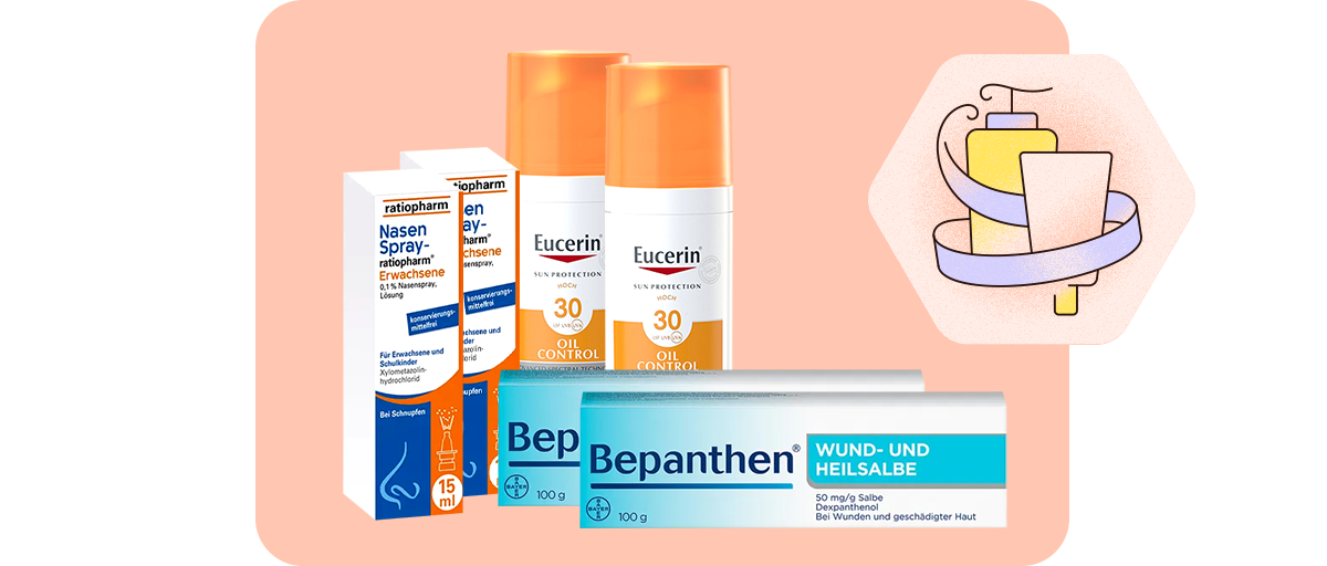 Illustration einer Sonnencreme mit Blättern und Blüten als Symbol für Sonnenschutz.