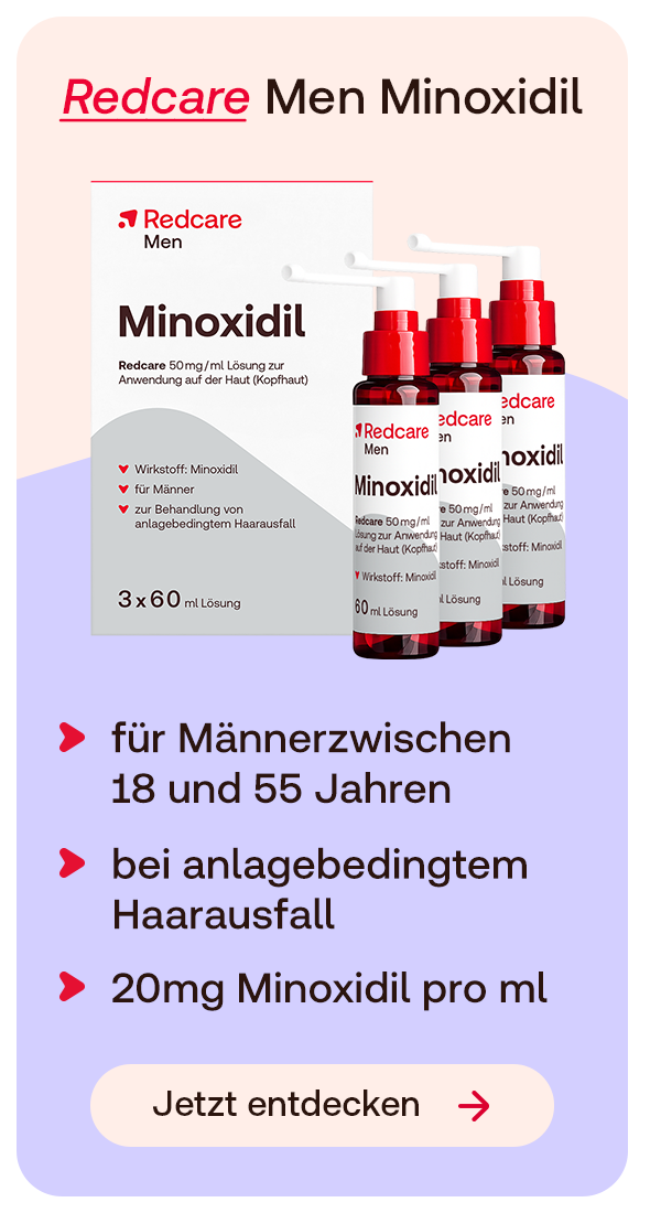 Redcare Men Minoxidil für Männer bei anlagebedingtem Haarausfall.