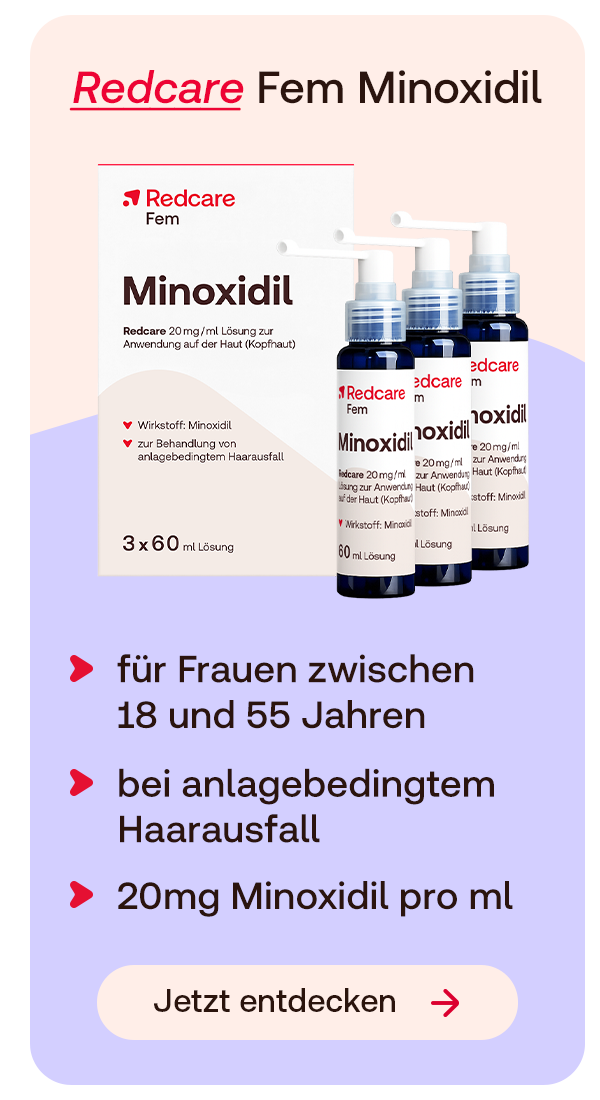 Redcare Fem Minoxidil für Frauen bei anlagebedingtem Haarausfall.