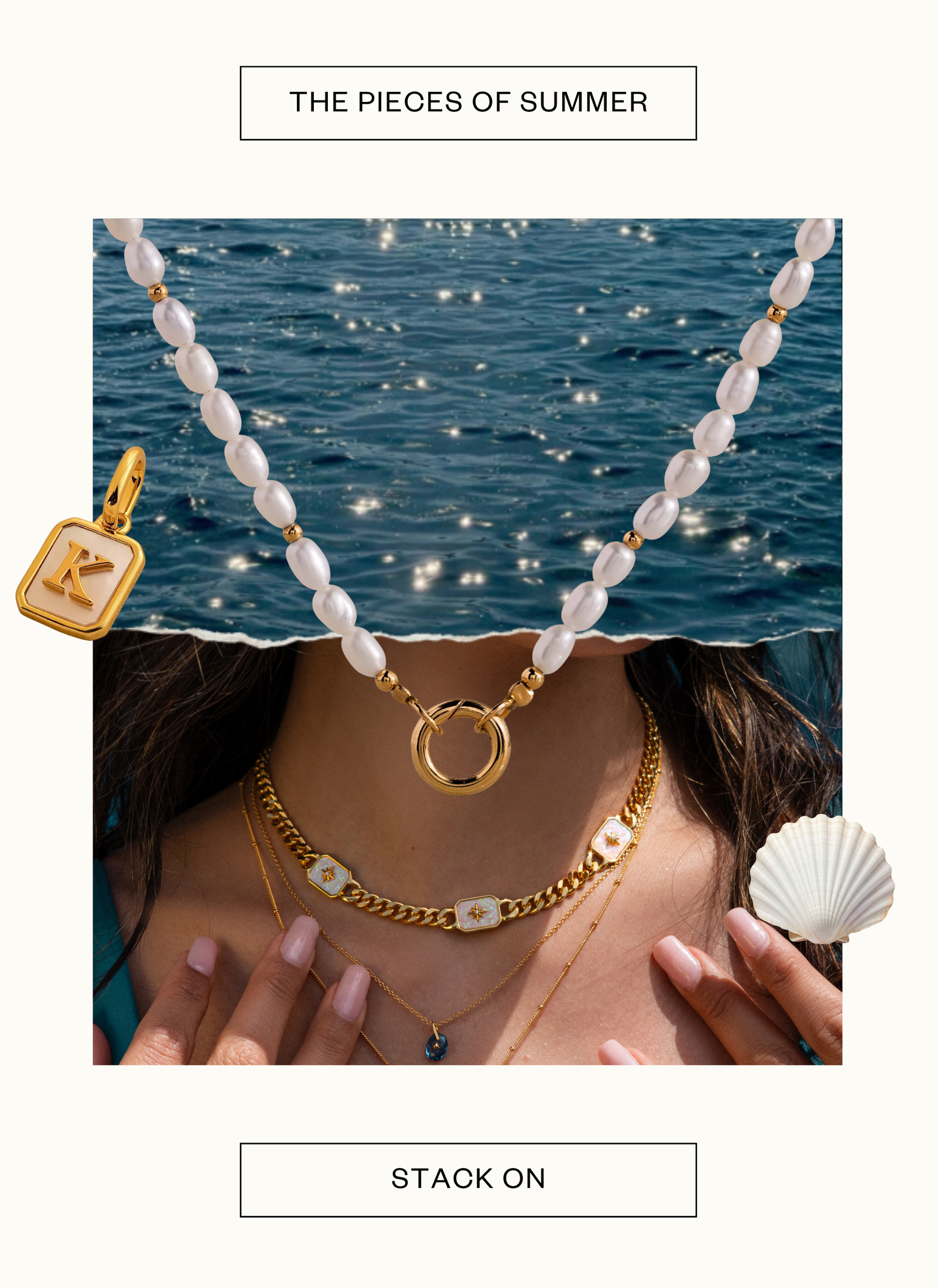 A close-up shot of a person wearing two gold necklaces, one a chunky chain with white floral charms, and the other a delicate chain with a dark pendant.
