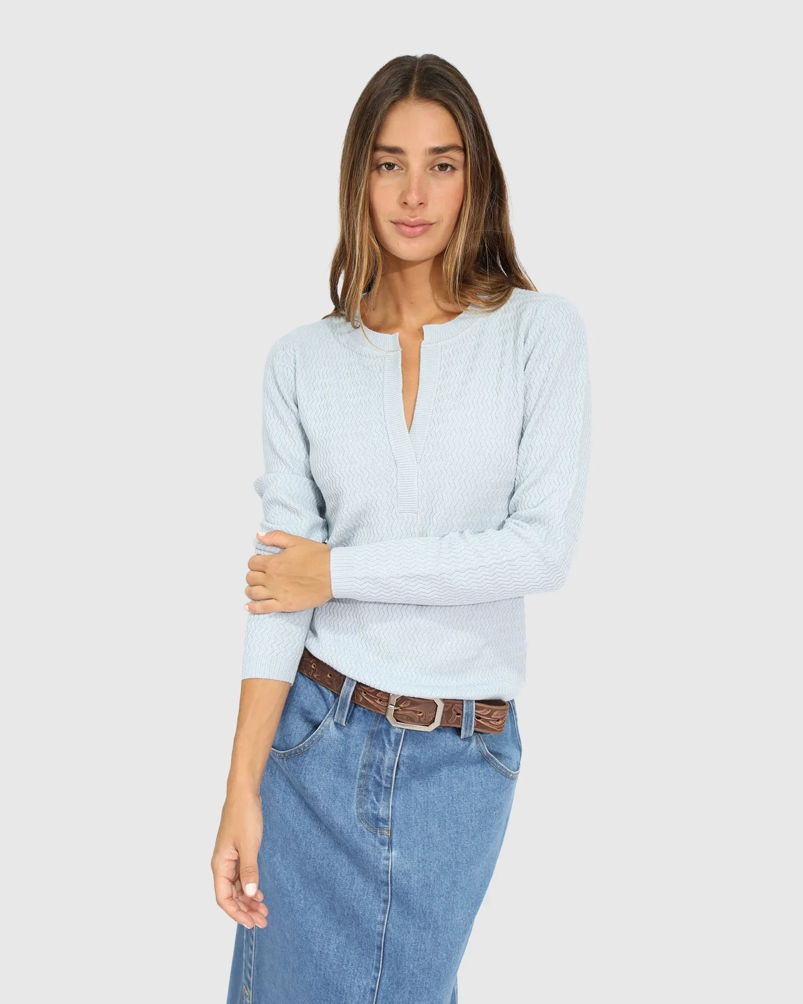 Image of Frankie Textured Knitted Long Sleeve Top - Denim Blue