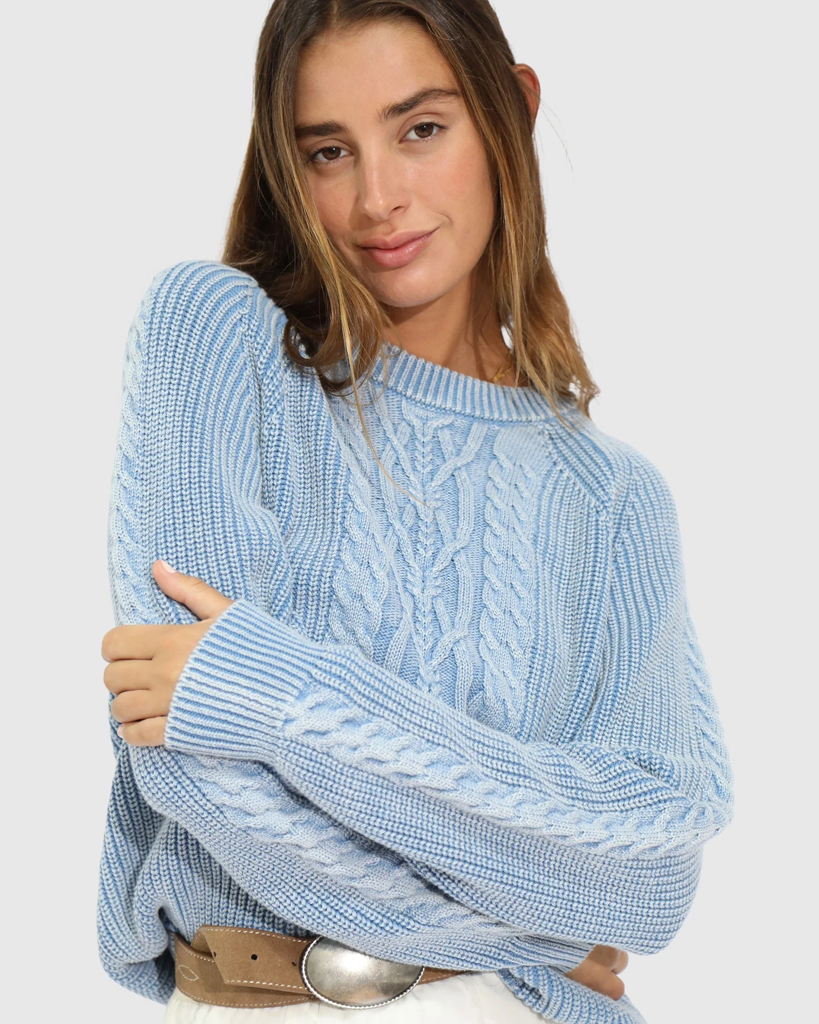 Image of Hudson Street Cable Garment Dyed Sweater - Light Blue