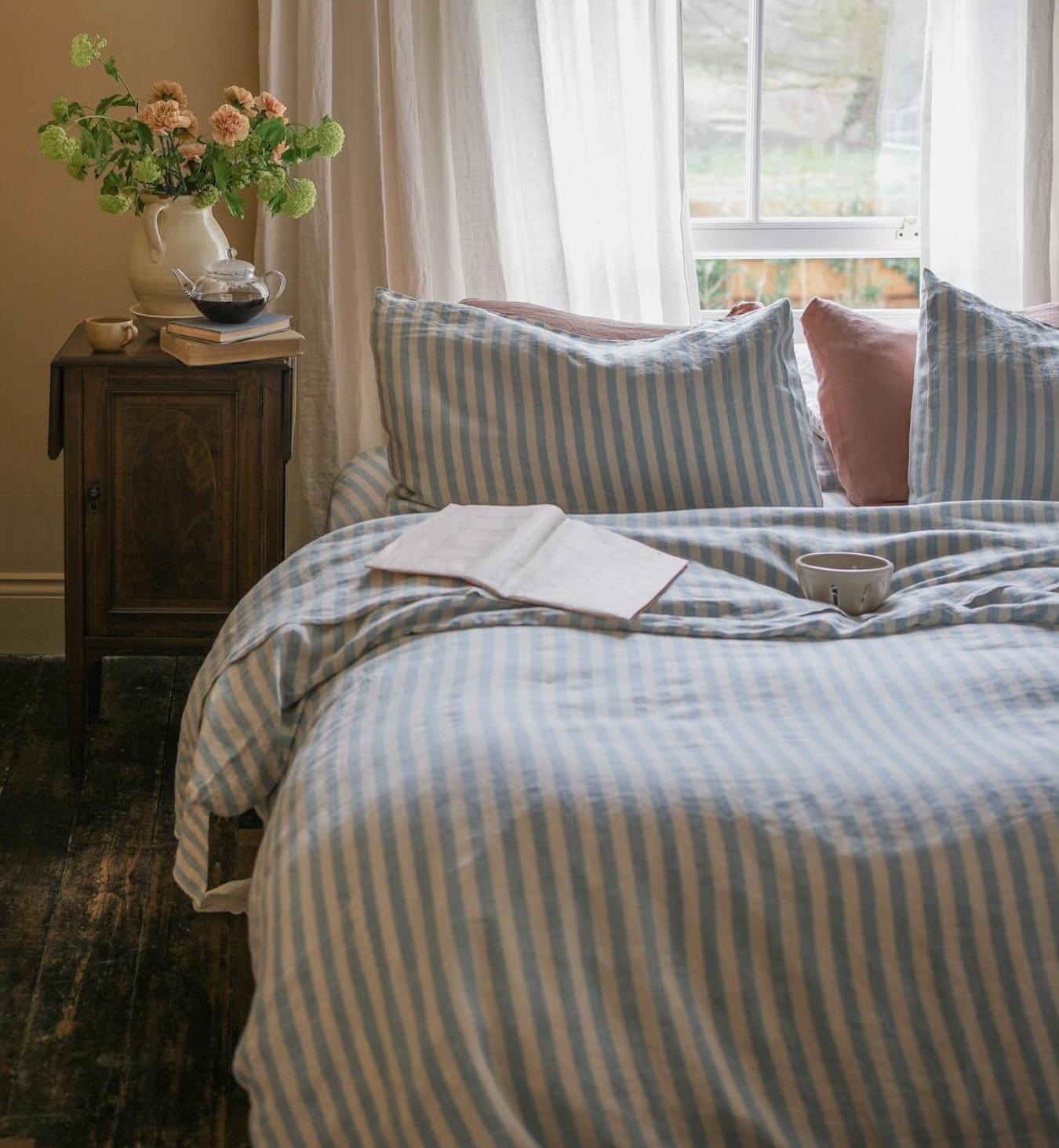 Coastal Blue Pembroke Stripe Linen Blend Duvet Cover