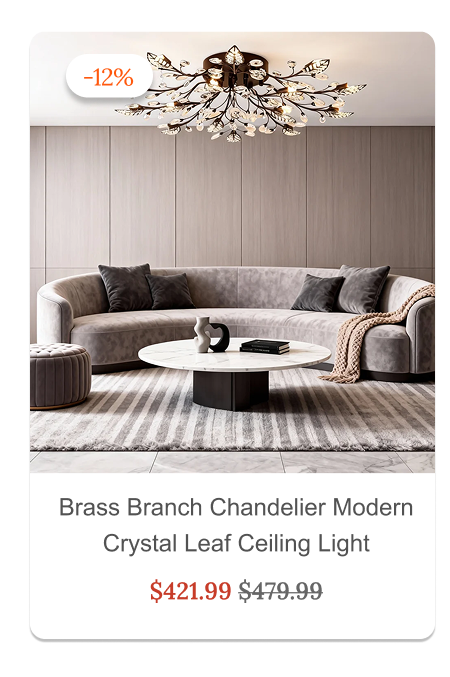 Brass Branch Chandelier Modern Crystal Leaf Ceiling Light