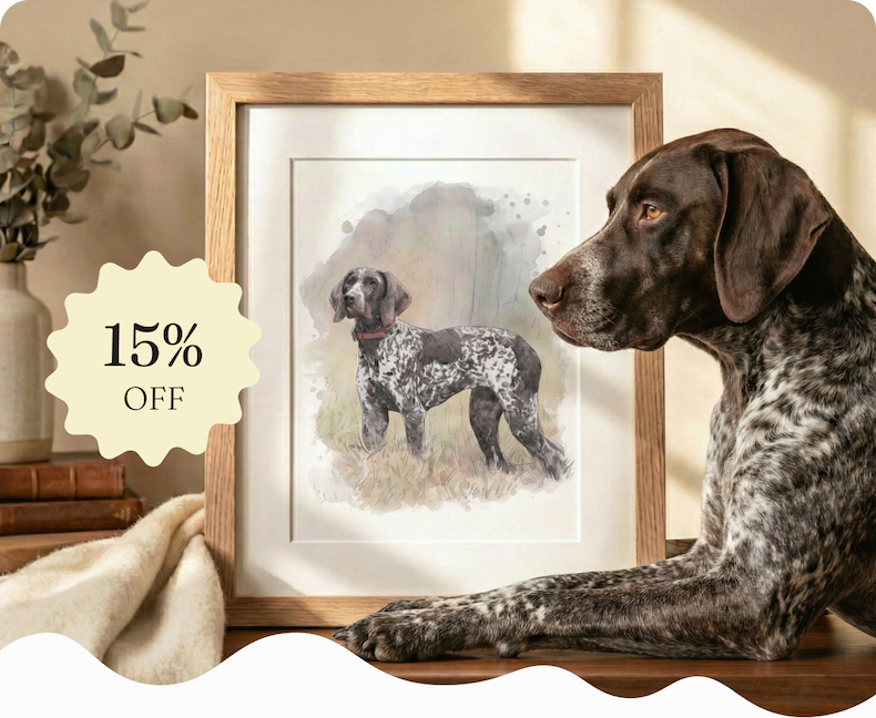 A dog sitting beside a framed watercolour portrait of themselves, displayed on a wooden surface with books and a blanket, with a 15% off badge overlay