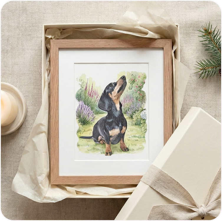 A framed watercolour illustration of a rabbit, displayed against a soft neutral background