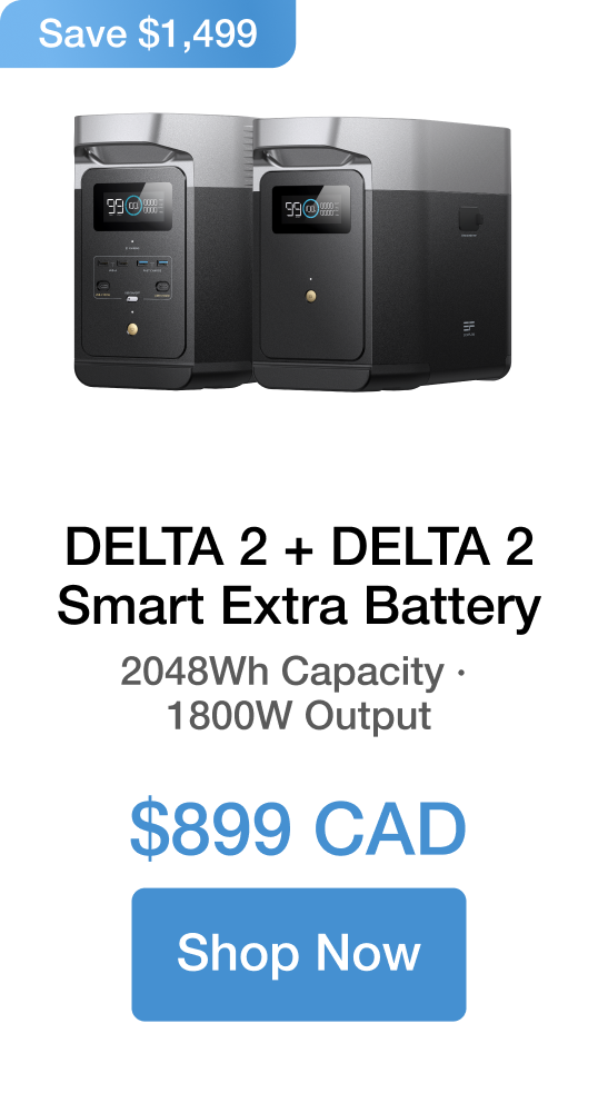 DELTA 2+ Smart Extra Battery 2048Wh Capacity · 1800W Output $899 CAD Save $1,499