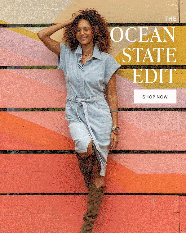 GIF of images of women in new styles with casual, beachy energy at ocean, beside brightly painted wall and standing by sunlit window. 