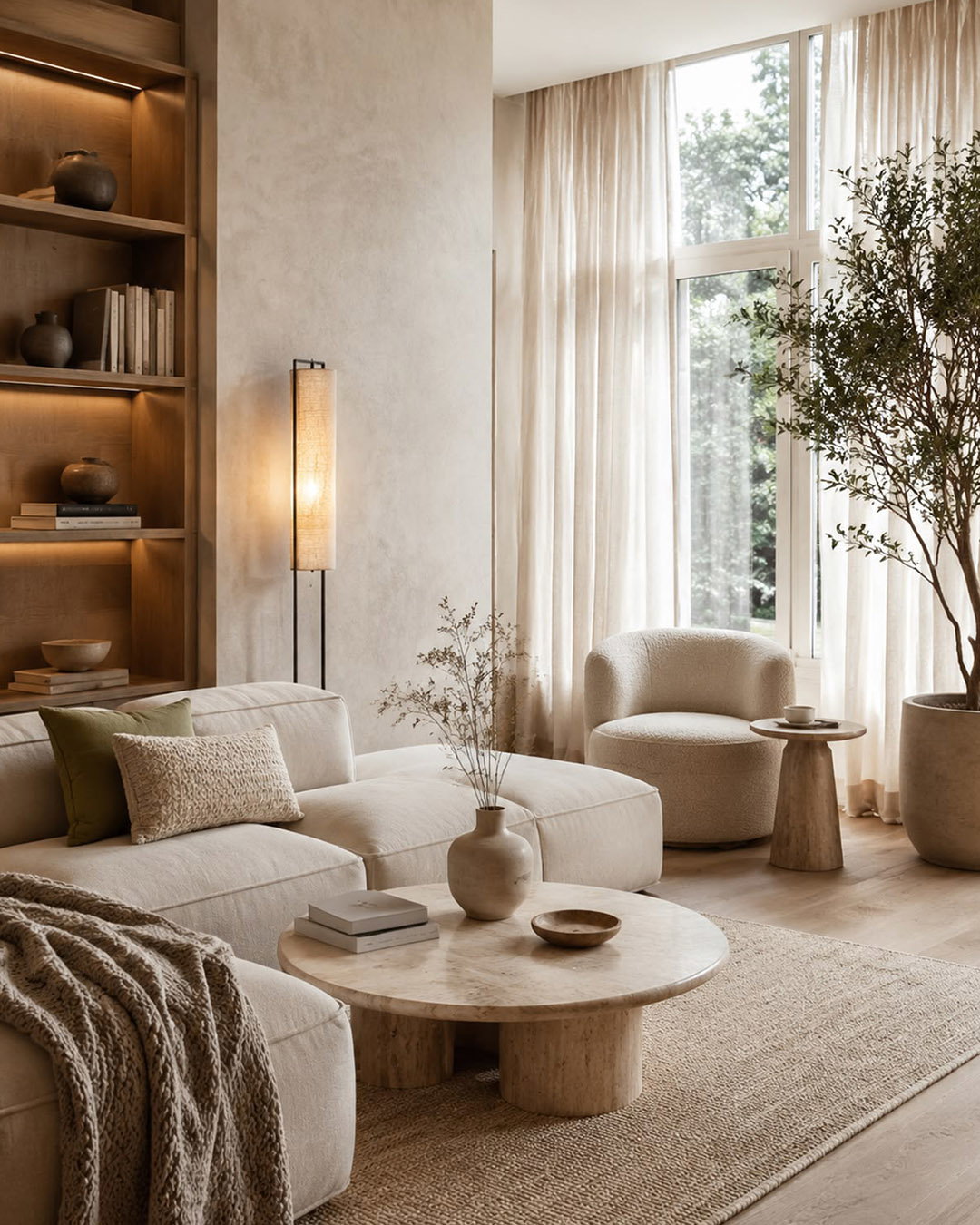 Neutral living room with cosy linen sofa, round stone coffee table, boucle armchair, floor lamp, shelving and large window