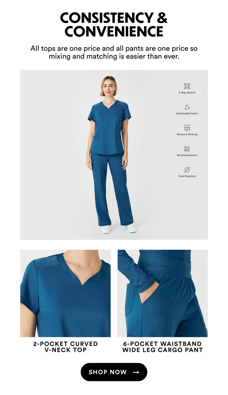 Consistency & Convenience | All tops are one price and all pants are one price so mixing and matching is easier than ever. | Shop Now
