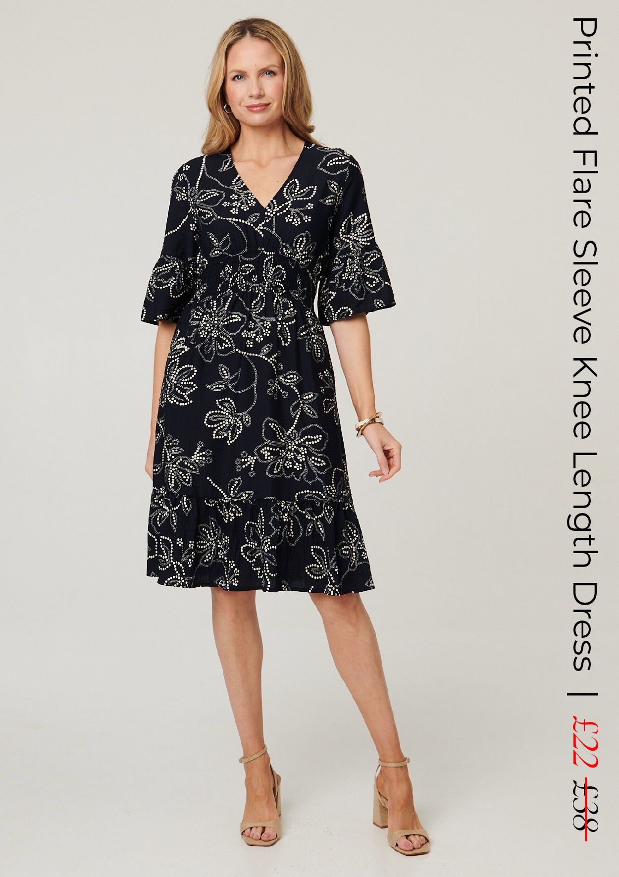 Printed Flare Sleeve Knee Length Dress | Shop Now