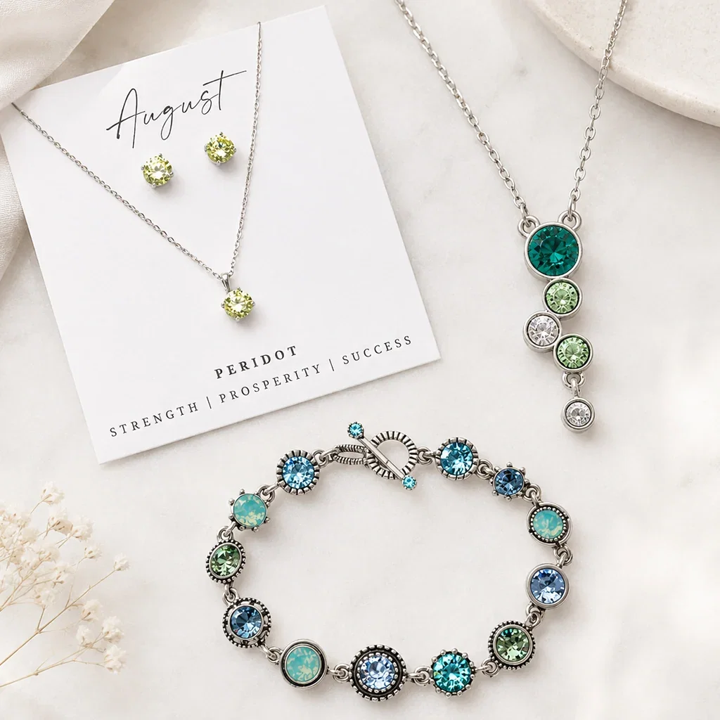Everyday Glam birthstone jewelry collection featuring peridot necklace set, crystal pendant necklace, and gemstone bracelet in silver.