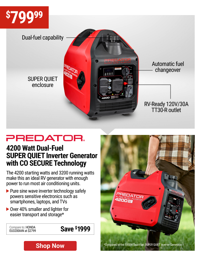 PREDATOR 4200 Watt Dual-Fuel SUPER QUIET Inverter Generator with CO SECURE Technology