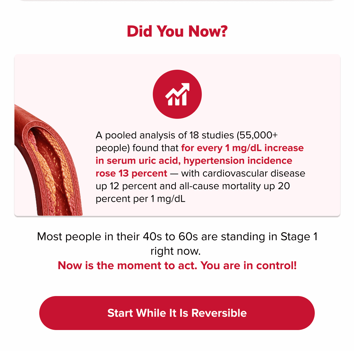Did you now? | Most people in their 40s to 60s are standing in Stage 1 right now. | Now is the moment to act. You are in control! | Start while it is reversible