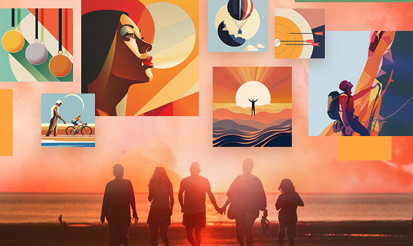 A collage of various AncestryDNA traits images above a silhouetted family of five holding hands and looking towards a sunset over an ocean.