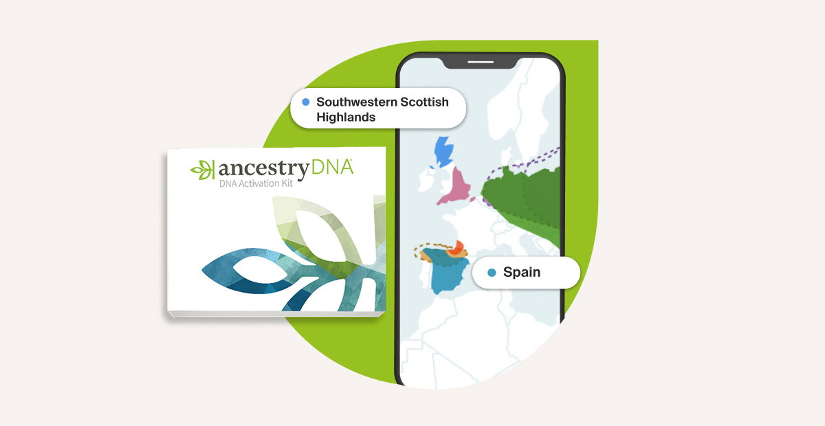 Images of a map of Europe on a mobile phone next to a DNA kit