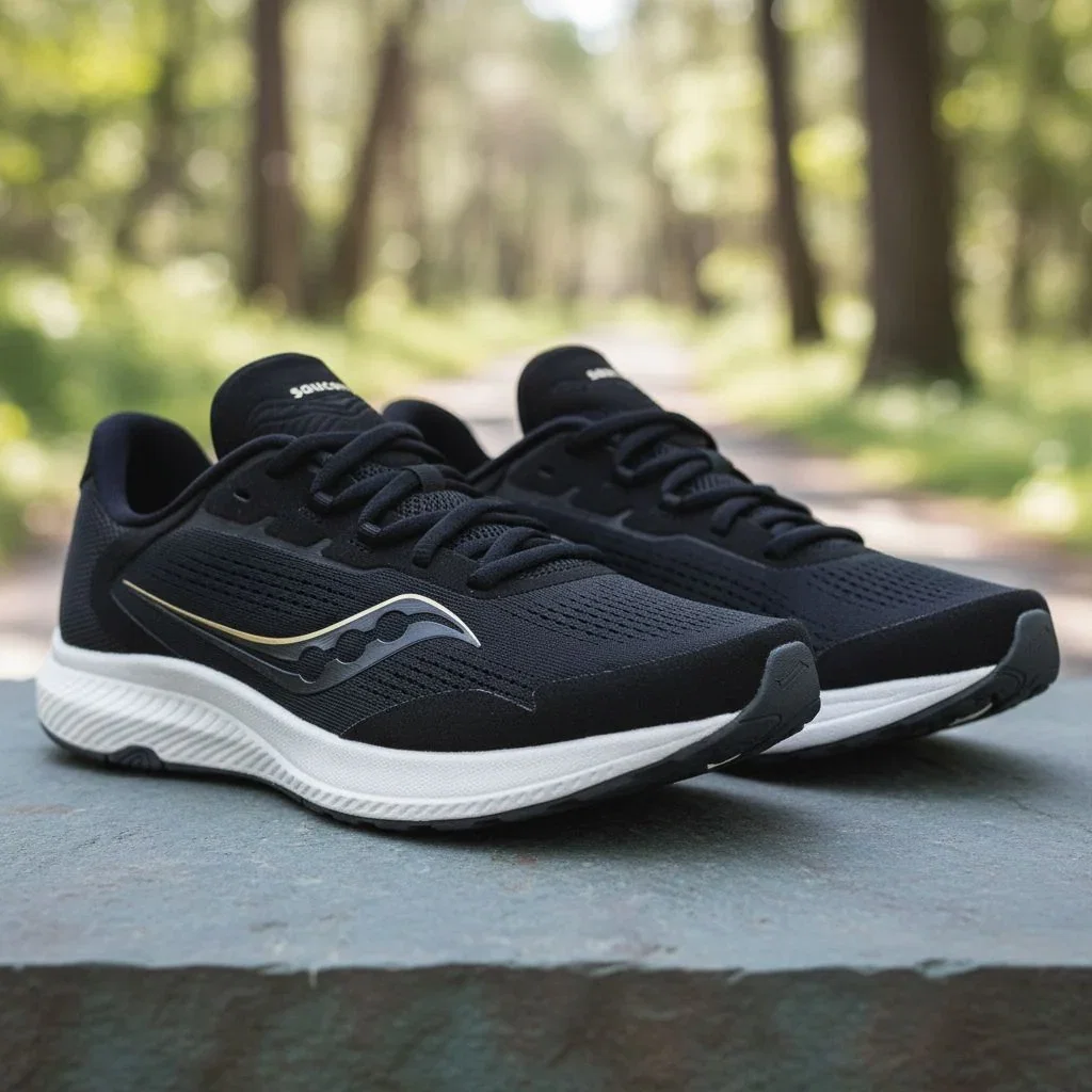 Black and white Saucony running shoes displayed on pavement with forest path background.