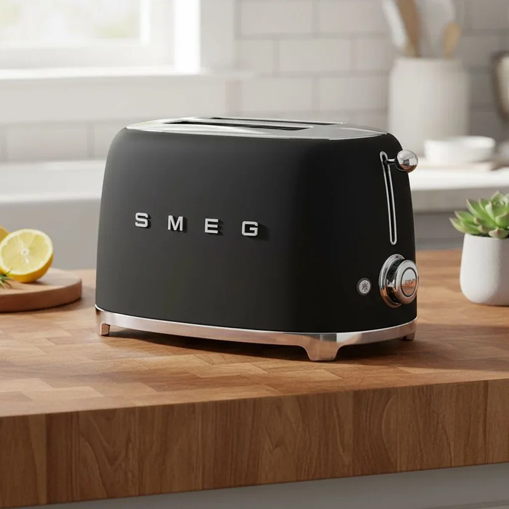Black SMEG toaster with chrome accents on wooden countertop in modern kitchen setting