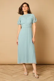Lace Puff Sleeve Pleated Midi Dress