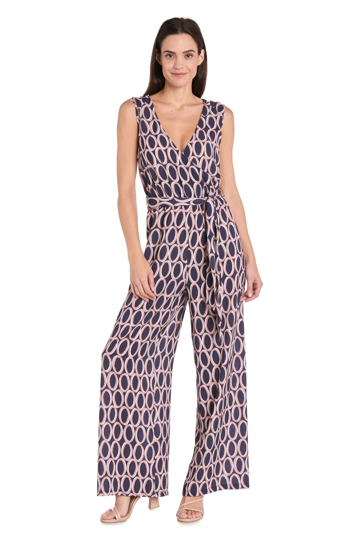 Image of Printed Surplice Jumpsuit with Self Belt, Navy/Tan
