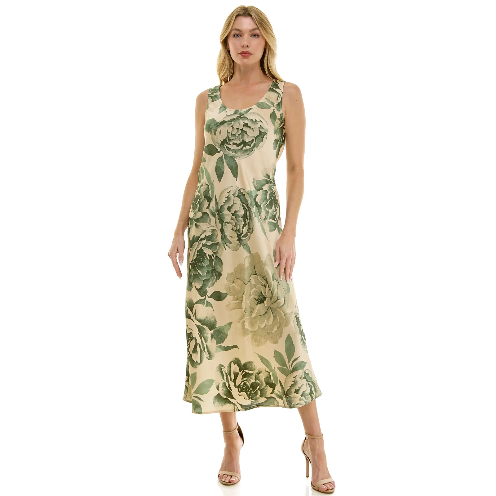 Image of Sleeveless Scoop Neck Maxi Dress In Tan/Olive/Green