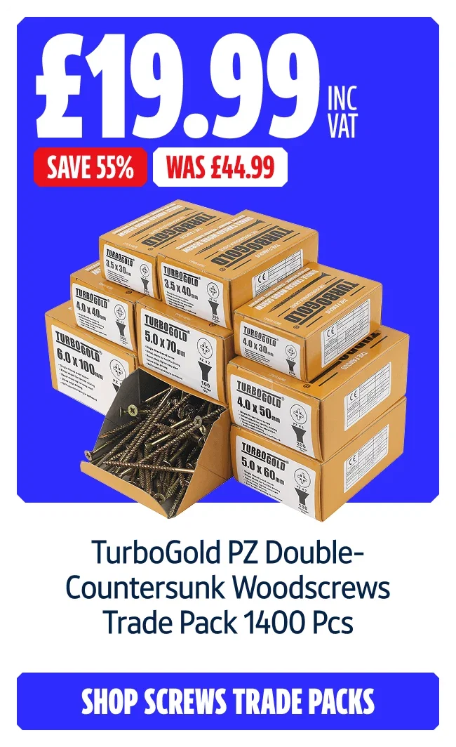 Save 55% on TurboGold PZ Double-Countersunk Woodscrews Trade Pack 1400 Pcs. Now £19.99 Inc Vat Was £44.99. Shop screws trade packs