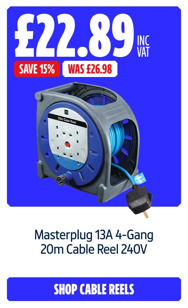 Save 15% on Masterplug 13A 4-Gang 20m Cable Reel 240V. Now £22.89 Inc Vat Was £26.98. Shop cable reels