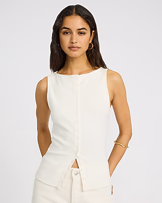 Ribbed Boat Neck Button Front Knit Tank